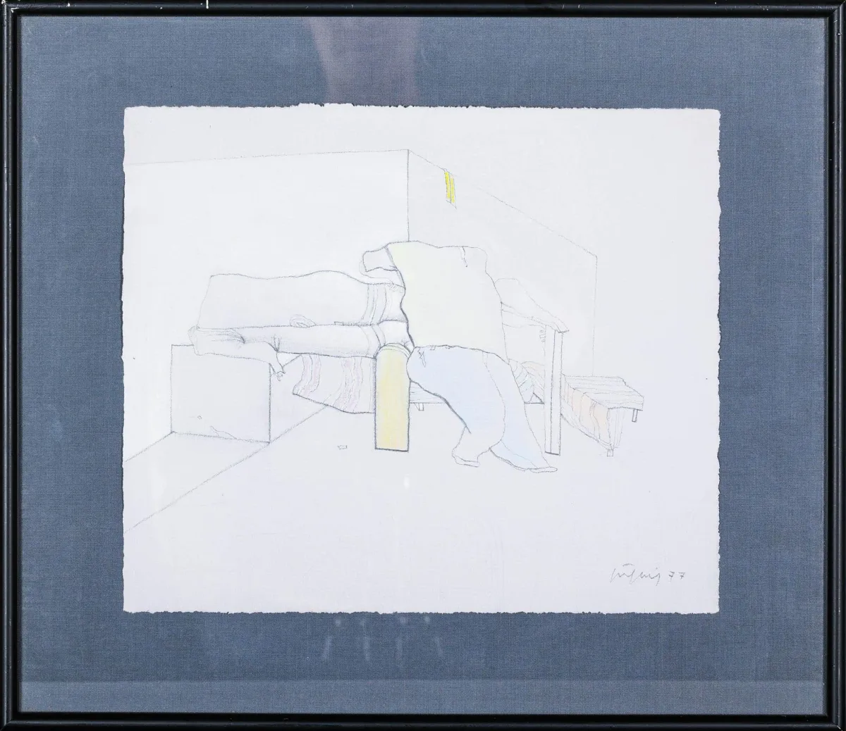 Fritz Fröhlich, sign. ja päiv. (19)77, Linz 1910 – 2001 samassa kaupungissa, »Schlafzimmer«, pastelli, hiili ja peitevalkoinen, 26,5 x 30 cm (lehti)