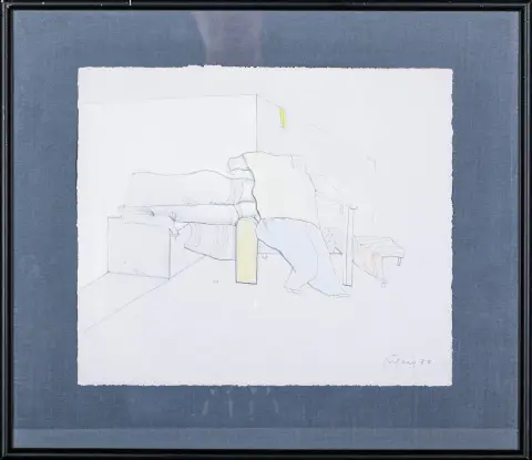 Fritz Fröhlich, r.u.sig., dat. (19)77, Linz 1910 – 2001 daselbst, „Schlafzimmer“, Pastell, Kohle und Deckweiß, 26,5 x 30 cm (Blatt)…