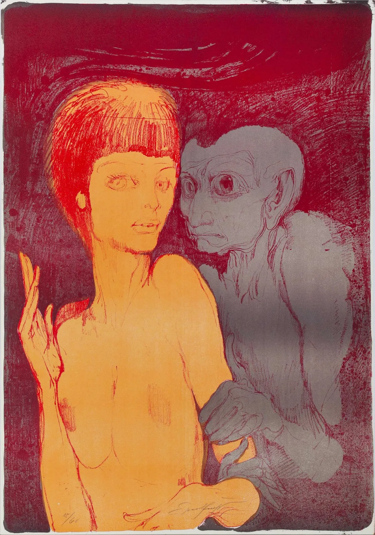 Ernst Fuchs, käsin sign., Wien 1930 – 2015 samassa kaupungissa, »Das ungleiche Paar«, väri litografia, 15/60, 92,5 x 64,5 cm, painaumia, ilman kehystä