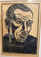 صورة رجل بتوقيع غير مقروء، داخل زجاج، مقاس الإطار 51x41 سم، طبعة خشبية بعنوان "Fischer"