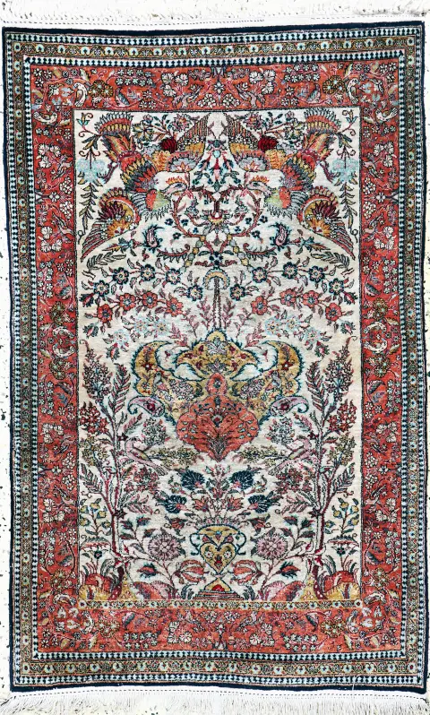Seda de Ghom, Persia, mediados del siglo XX, seda natural pura, aprox. 130 x 85 cm,