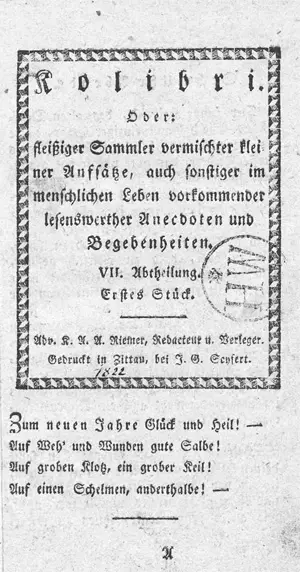 Kolibri. Oder: – fleißiger Sammler vermischter kleiner Aufsätze