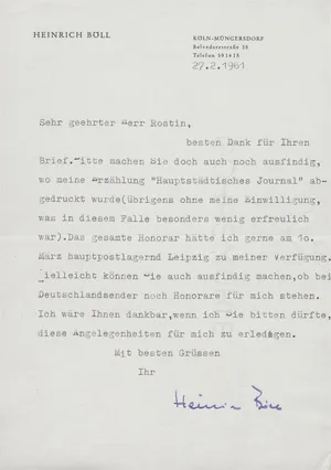 Böll, Heinrich – List do NRD w sprawie roszczeń honorariowych. 1961