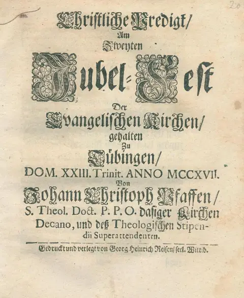 Pfaff,J.C. – Christelijke preek, op het tweede jubileumfeest van de evangelische kerken, gehouden te Tübingen, Dom