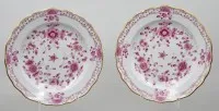 2 platos llanos Meissen Indisch Purpur con borde dorado y decoración