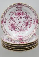 6 platos llanos Meissen Indisch Purpur con borde dorado y decoración