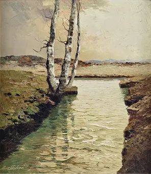 Graboné, Georg Arnold. Efterårslandskab i forlandet med birke ved bækken, olie på lærred.