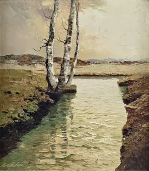 Graboné, Georg Arnold. Efterårslandskab i forlandet med birke ved bækken, olie på lærred.