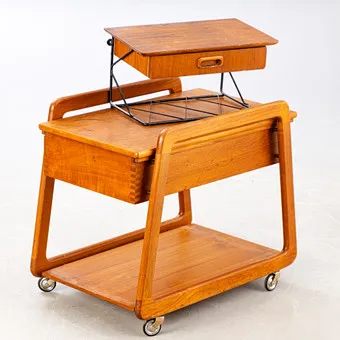 Sika Møbler. Cărucior de ceai / de cusut din teak + poliță mică de perete, anii 1960 (2)