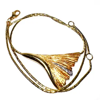 Ogrlica lanac 585 zlato, dijamanti, list ginka, talisman sreće
