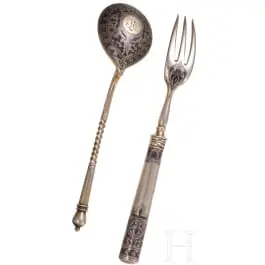 Niello-Gabel und Löffel, Russland, Moskau, Iwan Chlebnikow, 1888