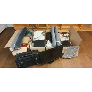 4 boxes of miscellaneous items, office inventory, monitor, wall mount and more