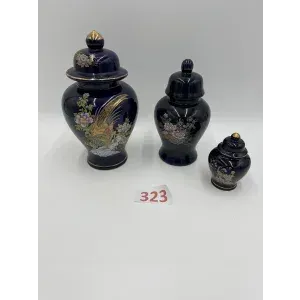 3 фарфоровые вазы с крышками, кобальтово-синие