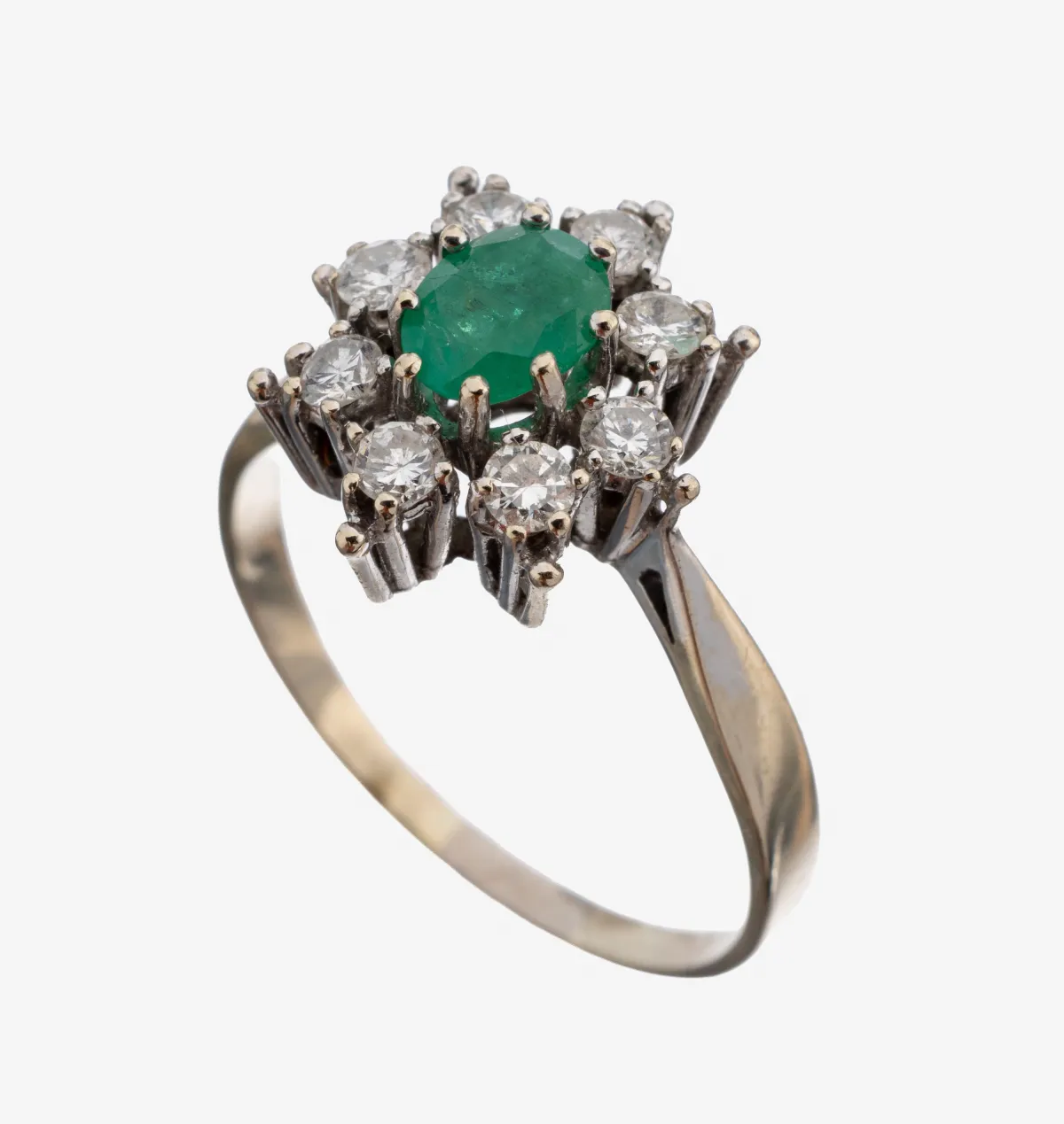 14 kt Gold Smaragd-Brillant-Ring, WG 585/000, ovalfacett. Smaragd ca. 0.40 ct, 8