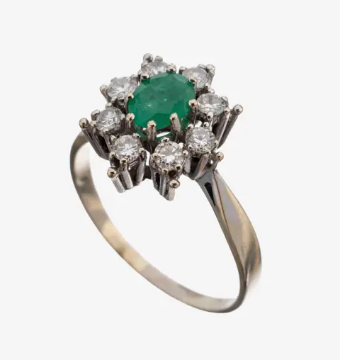 Bague émeraude-brillant en or 14 kt, or blanc 585/000, émeraude taille ovale env. 0,40 ct, 8