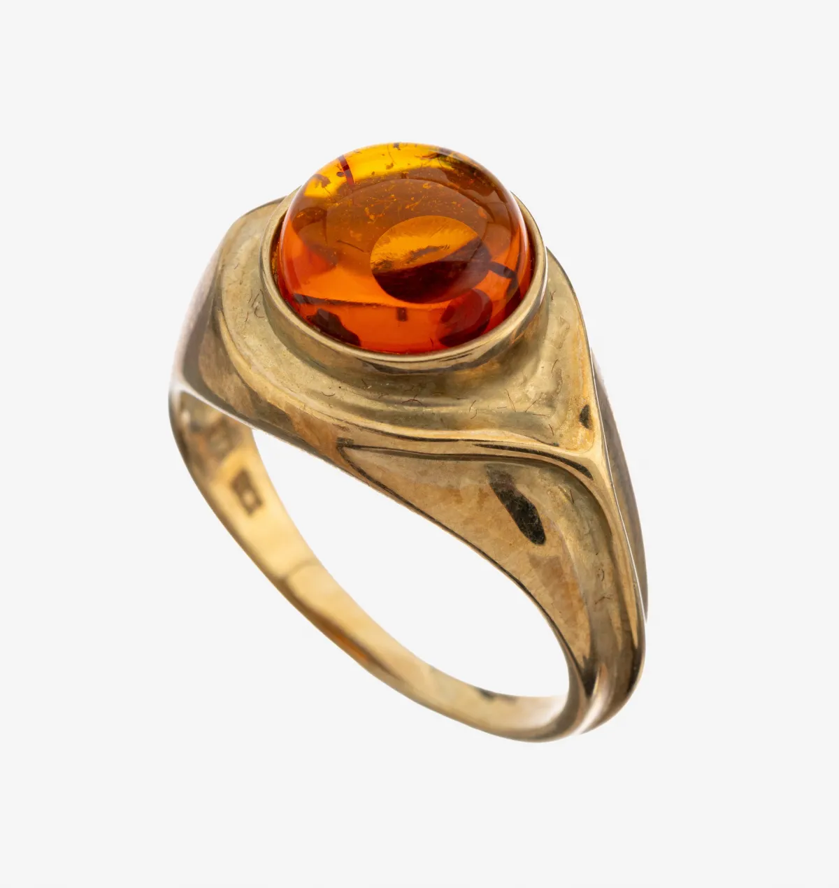 9 kt Gold Bernstein-Ring, GG 375/000, schlicht, runder Bernstein-Cabochon, RW 63, ca