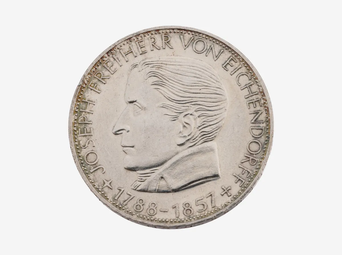 Silver coin, 5 Mark, Germany, 1957, Joseph Freiherr von Eichendorff