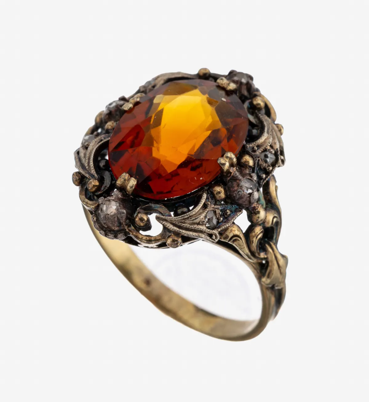 14 kt goud citrien-diamant ring, geelgoud 585/000, barokstijl, ringkop deels zilver