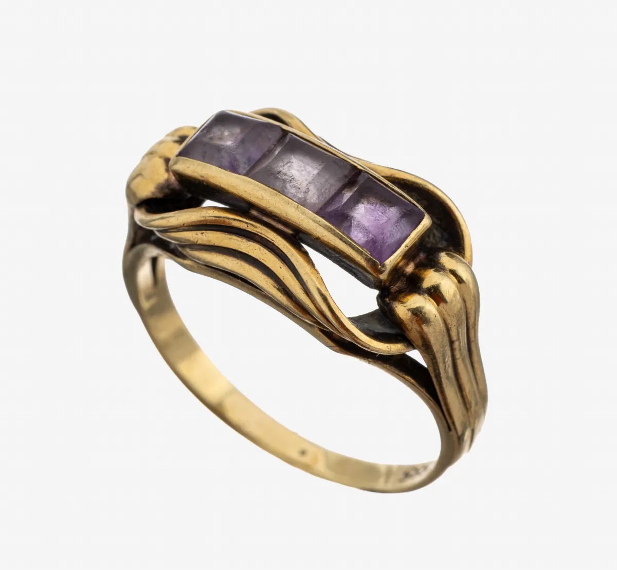 14 kt gold amethyst ring, 1950s, gold 585/000, 3 amethyst squares, size 52, approx. 3.7 g