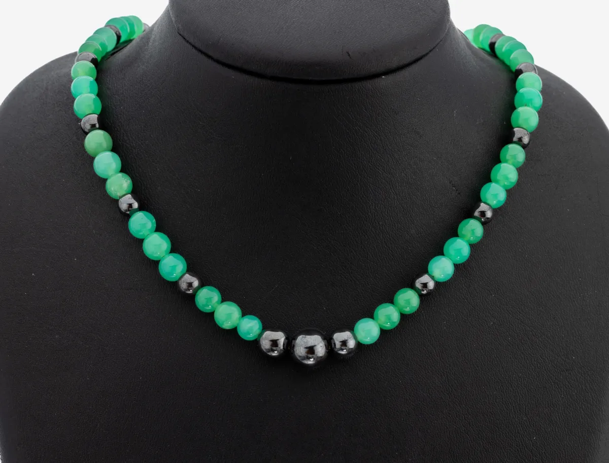 Chrysopras-Hämatit-Collier, Chrysopraskugeln, D. ca. 7.3 mm, HämatitkugelnD. ca