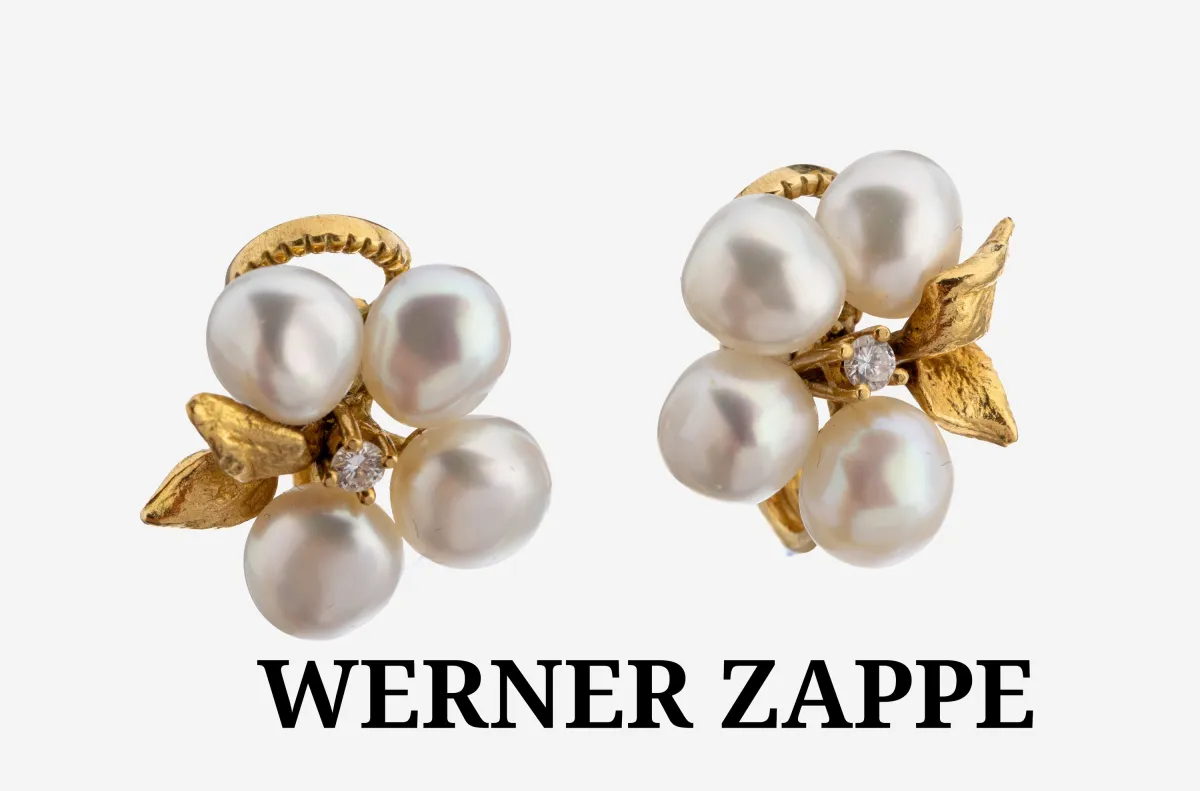 Paar 18 kt Gold WERNER ZAPPE Perl-Brillant- Ohrclips, GG 750/000, barocke