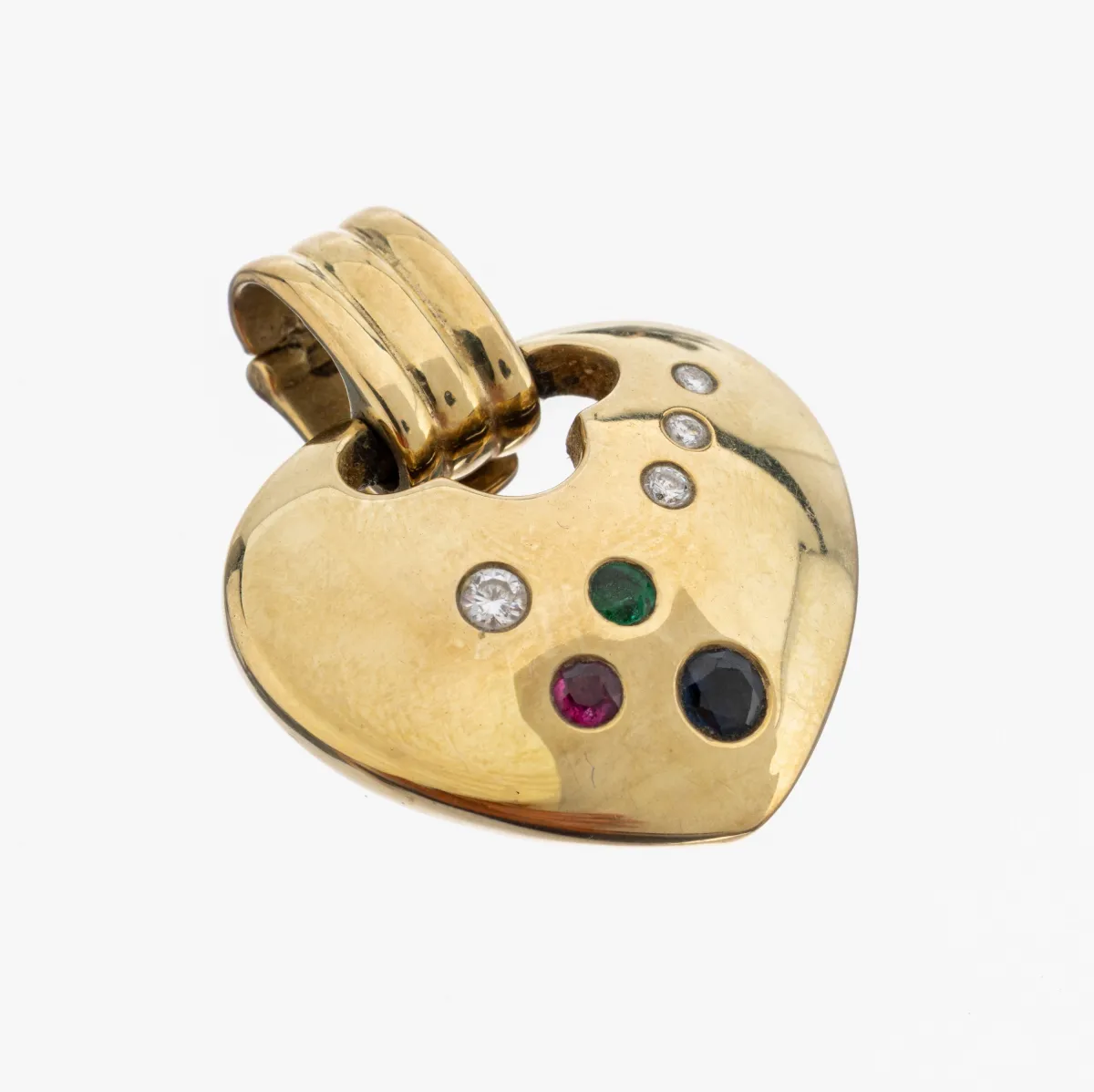 14 kt gouden hanger robijn-smaragd-saffier-briljant, GG 585/000, hart, rond gefacetteerd