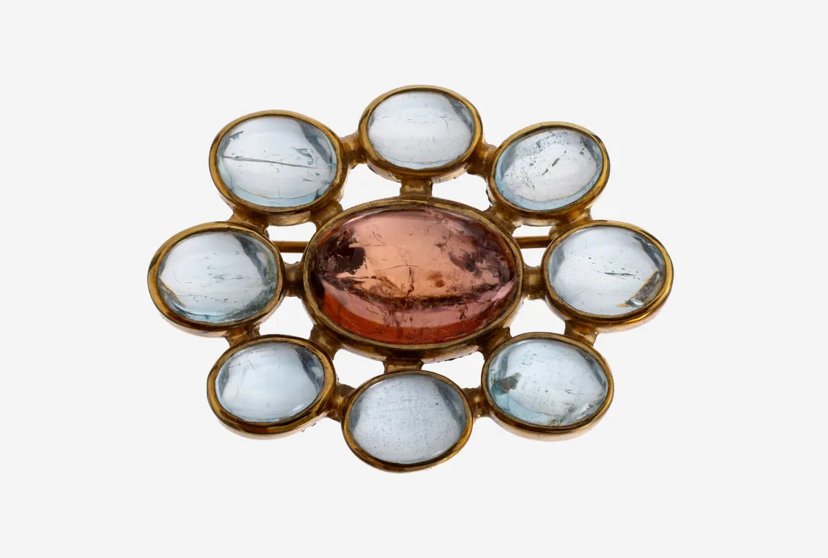 14 kt Gold Rubellit-Aquamarin-Brosche, GG 585/000 gepr., abstrakte Blütenform, mittig