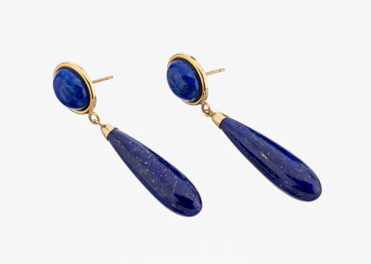 Pair of 14 kt gold lapis lazuli stud earrings, yellow gold 585/000, plain, movable drop