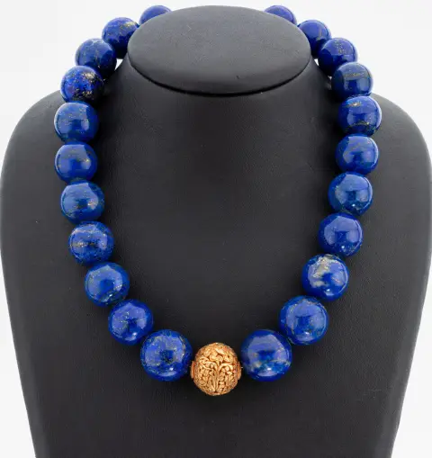 Collier lapis-lazuli, boules de lapis-lazuli dégradées, diamètre env. 16-20 mm,