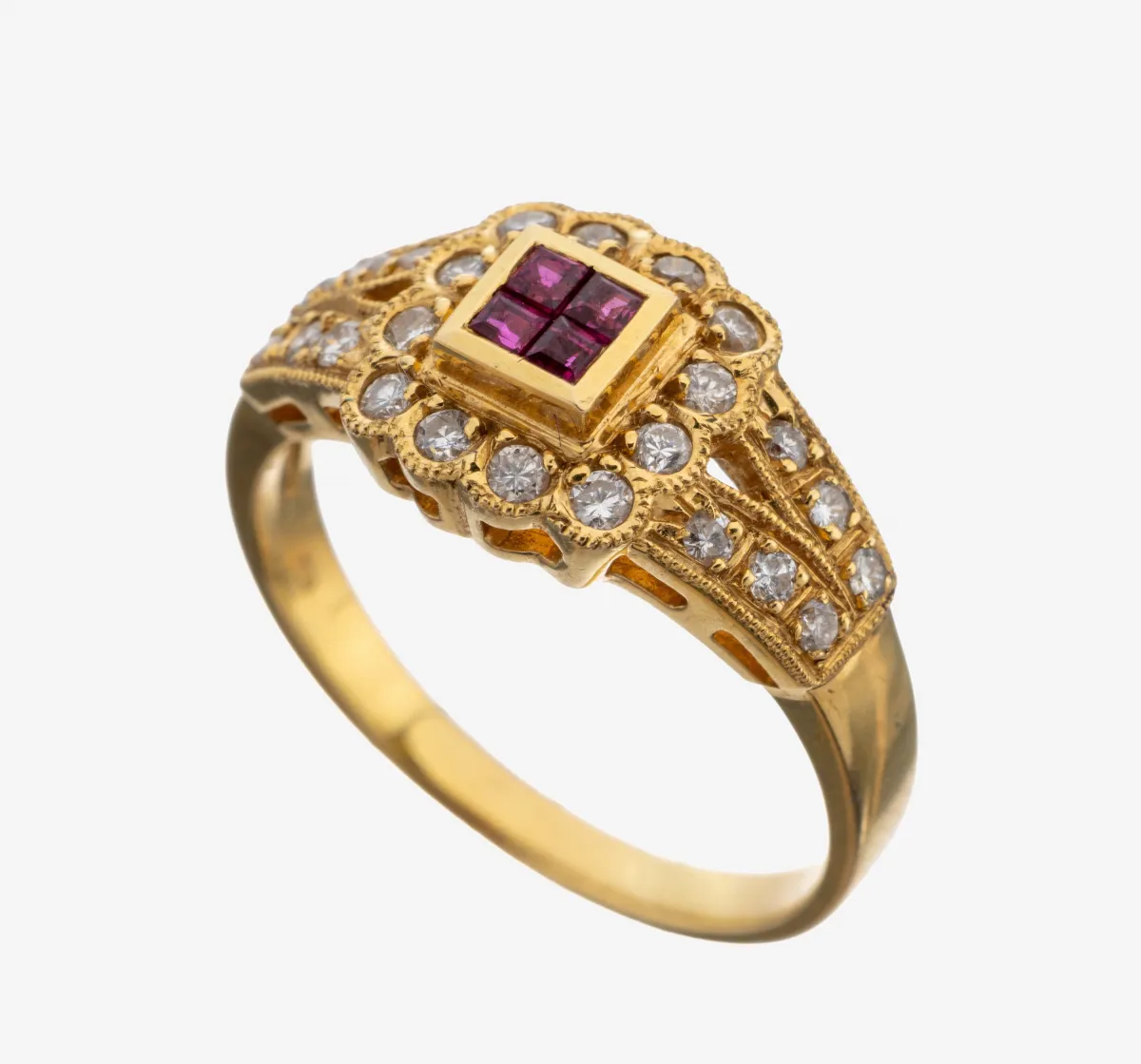 18 kt gold ruby-diamond ring, 750/000 gold, center 4 ruby squares total approx. 0.04 ct, 24