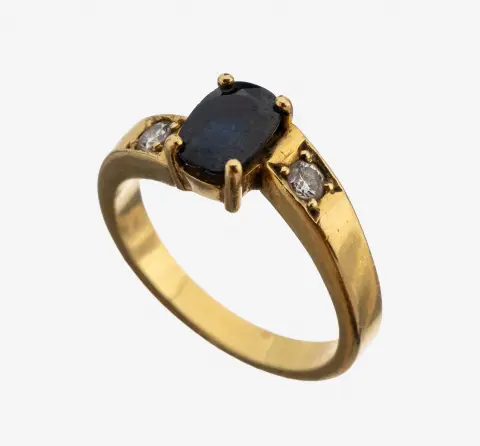 Bague or 18 ct saphir-brillant, or gris 750/000, anneau asymétrique, saphir facetté ovale env.