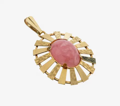 Pendentif rhodochrosite or 14 ct, or gris 585/000, cabochon ovale, monture ajourée,
