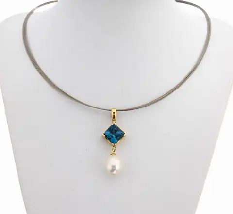 Pendentif topaze-perle or 14 ct, or gris 585/000, topaze London Blue facettée (traitée) env. 6.0