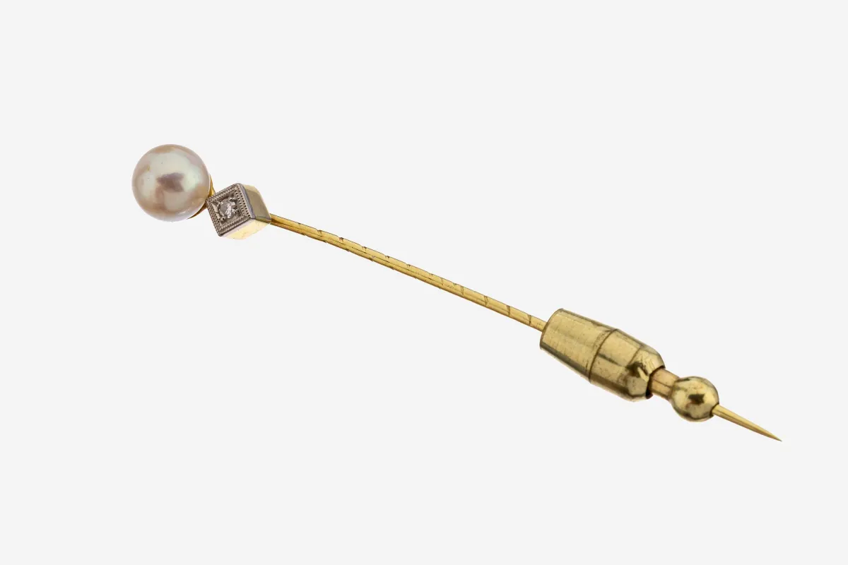 14 kt Gold Perl-Diamant-Anstecknadel, GG 585/000, L. ca. 6 cm, Akoyazuchtperle, D. ca