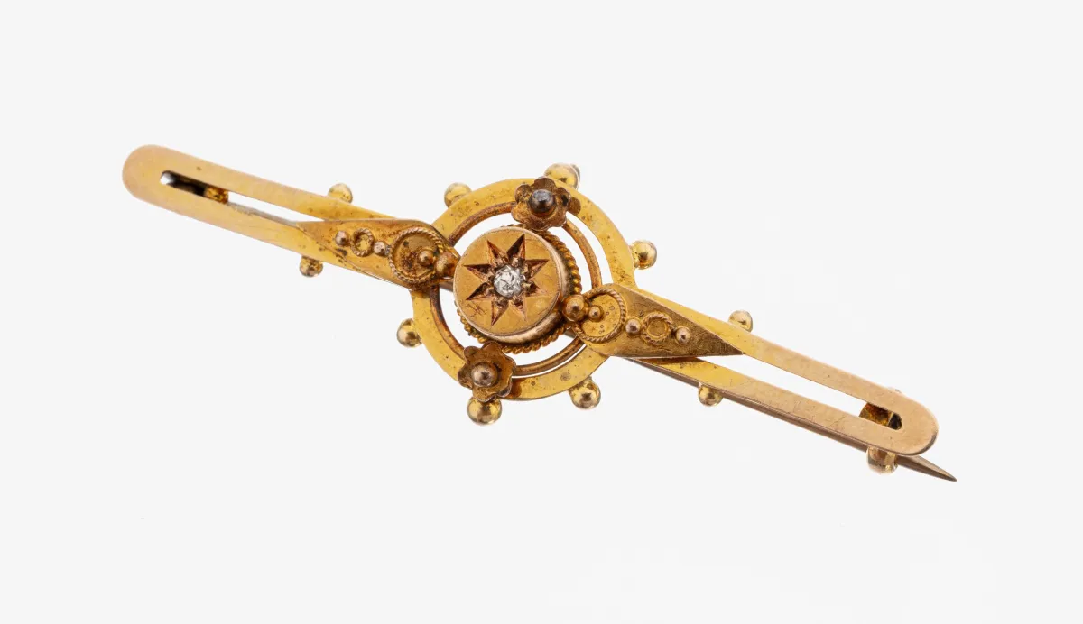 Broche en or 14 ct avec diamant, vers 1880, or 585/000 poinçonné, exécution fine avec