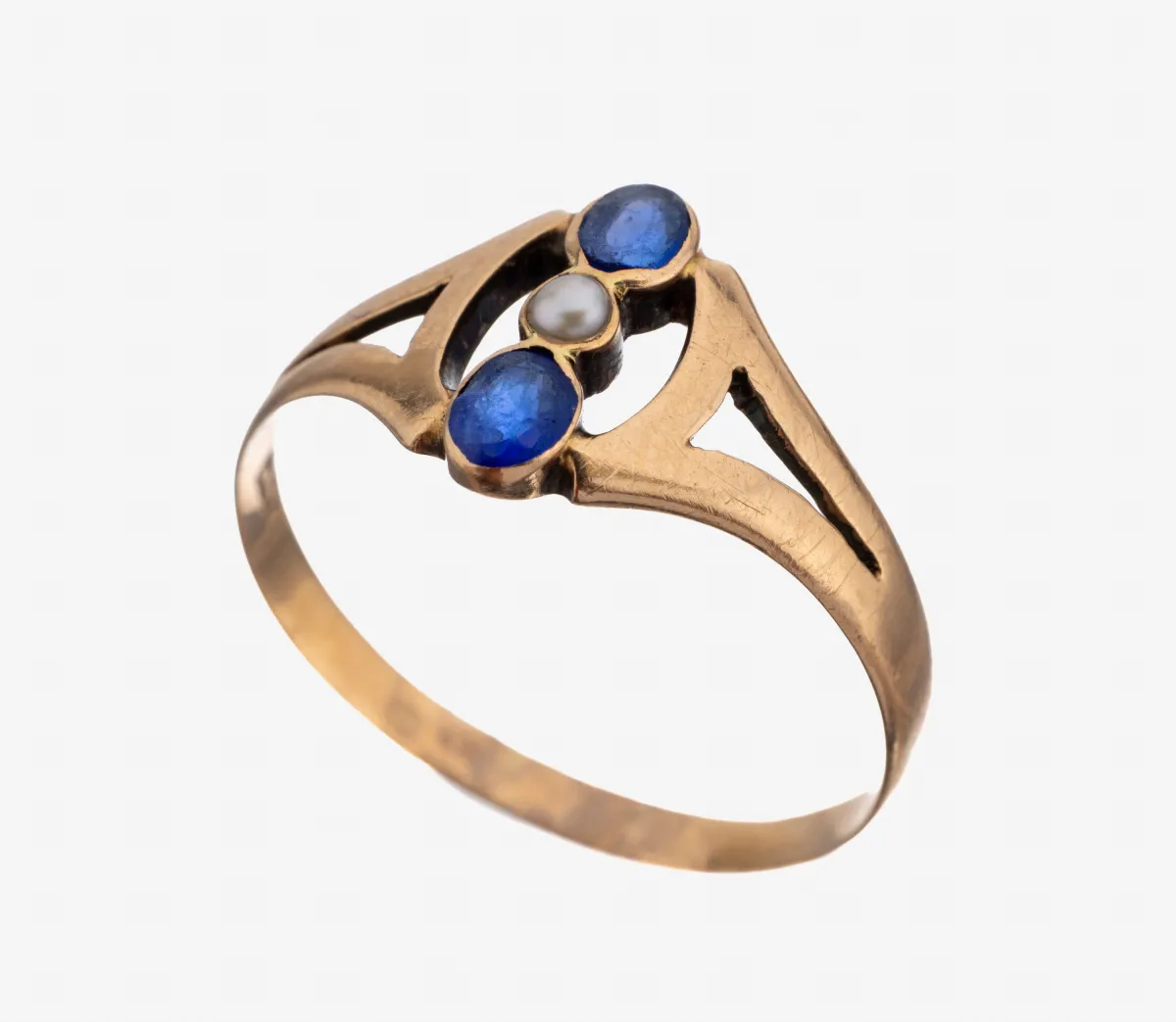 14 kt gouden kleursteen-parel ring, ca. 1910-20, roségoud 585/000, 2 kl. ovale saffier-syntheses,
