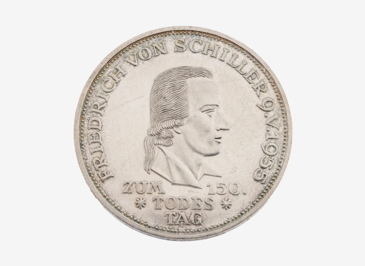 Silver coin, 5 Mark, Germany, 1955, 150th anniversary of Friedrich Schiller's death