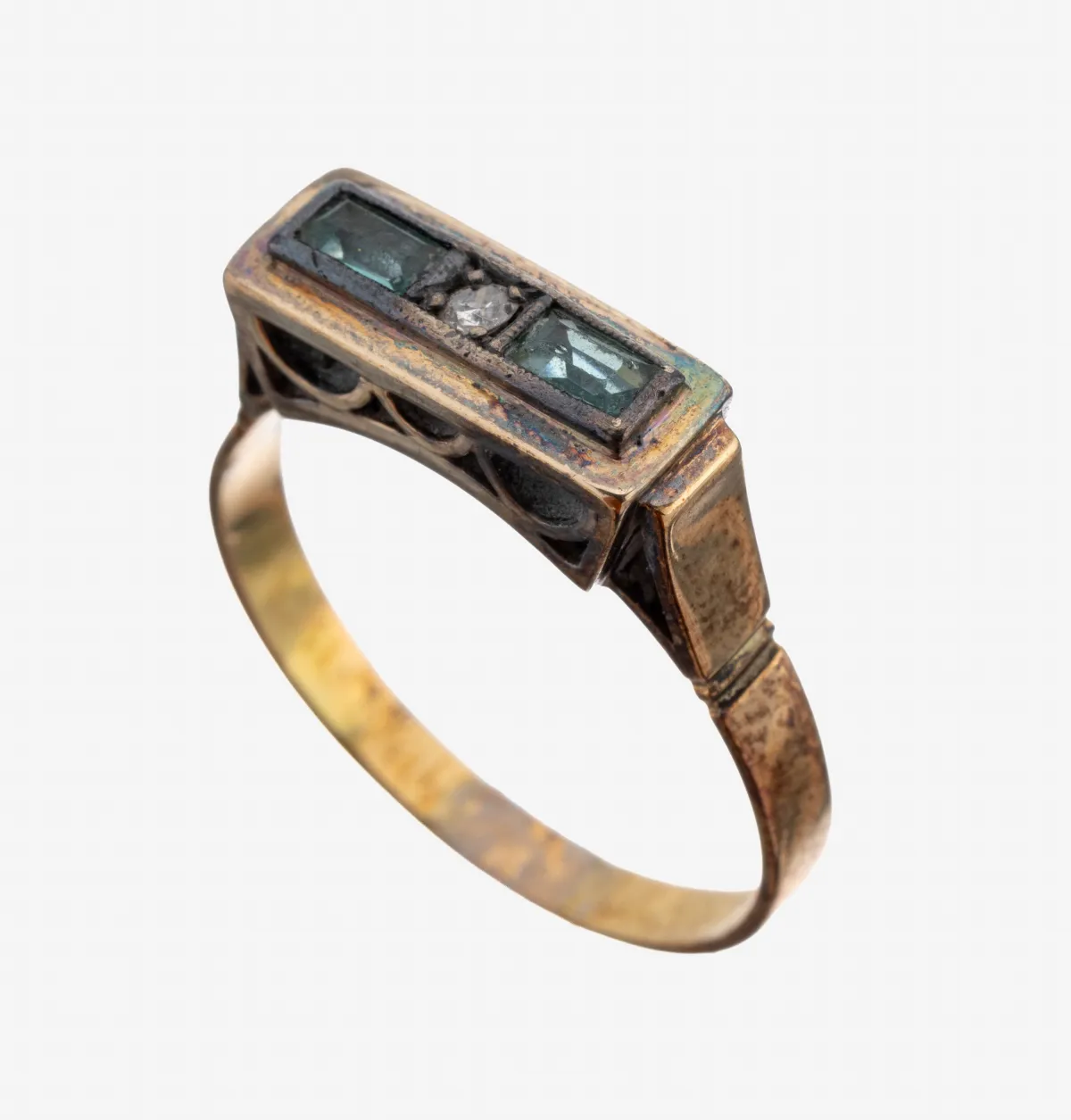 14 kt gold colored stone diamond ring, 1930s, gold 585/000, ring head silver, 2