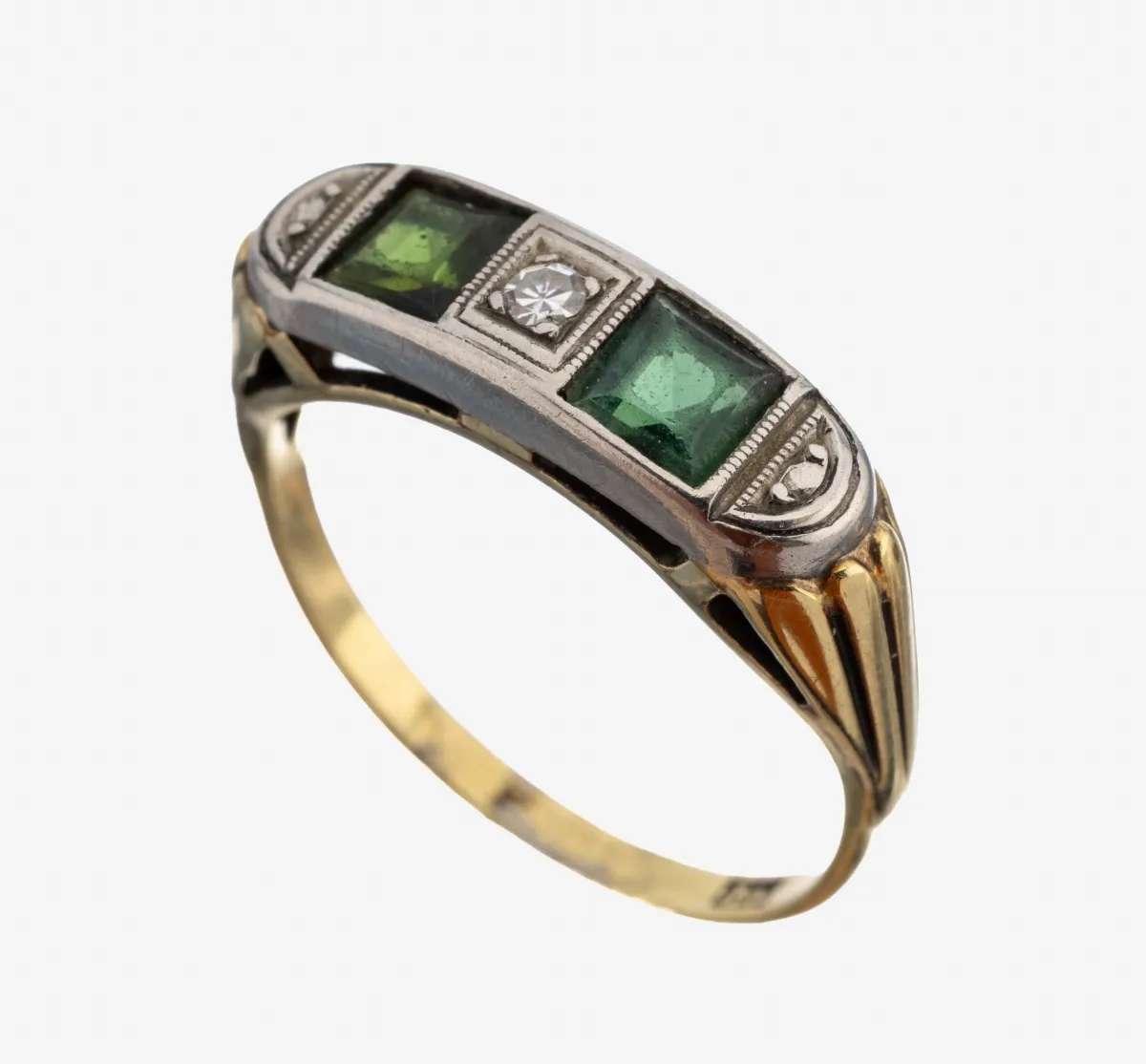 14 kt Gold Farbstein-Diamant-Ring, GG/WG 585/000, 2 Farbstein-Carrees, wohl Turmalin,