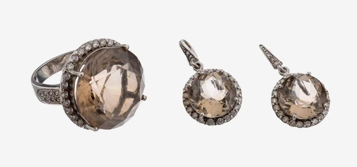 Rauchquarz-Schmuckset, 925er Silber, best. aus: 1 Ring, RW 58, und 1 Paar Ohrhänger, 3
