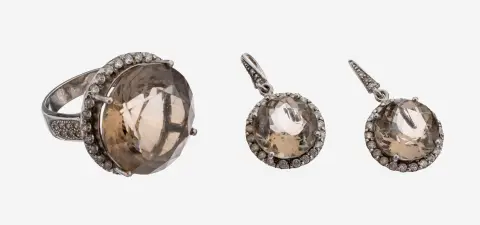 Rookkwarts sieradenset, 925 zilver, bestaande uit: 1 ring, RW 58, en 1 paar oorhangers, 3