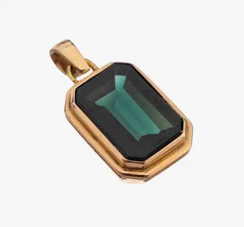 14 kt gouden hanger met kleursteen, goud 585/000, gefacetteerd groen synthetisch spinel, ca. 7,1 g