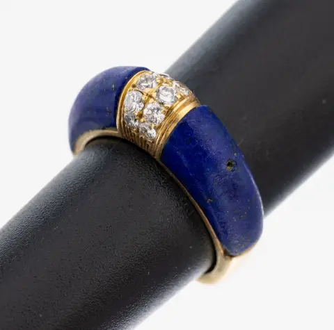 18 kt gouden briljant-lapis lazuli ring, goud 750/000, 10 briljanten ca. 0,20 ct