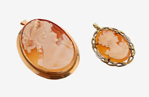 14 kt gouden camee broche, roségoud 585/000, ovale schelp camee, afbeelding van een dame in