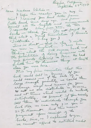 Miller, Henry – Brief aan de uitgeefster Madame Voilier. 1947