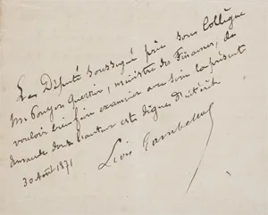 Gambetta, Léon – 2 lístky + přílohy. 1871