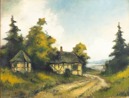 Ove Carl Svenson (1880-1976). Landskab med bondehus.