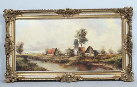 Ukendt kunstner. 'Landsby ved floden', olie på lærred, signeret.