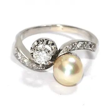 Prsten zlato dijamant stari rez 0,37ct. Akoya biser 750/18K.