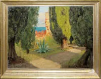 Curt Agthe, „A San Vigilio parkjában, Garda-tó”, olajfestmény kb. 1910/20, régi keretben